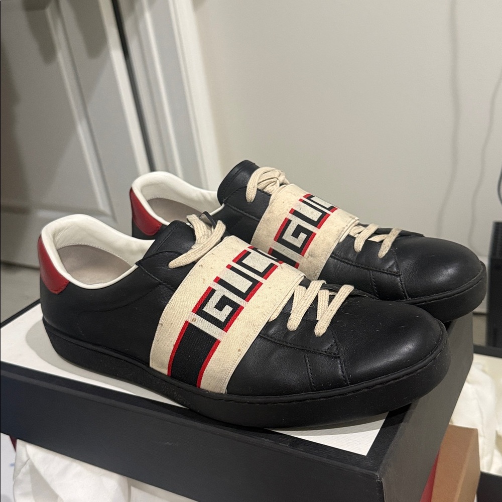 Gucci Black Sneakers with Red and Cream Details